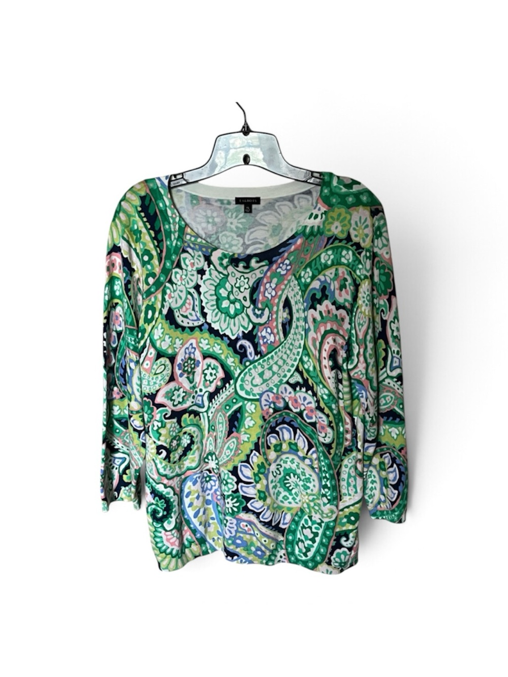 Talbots Cotton-Blend Green Multicolor Paisley Print 3/4 Sleeves Sweater Size XL